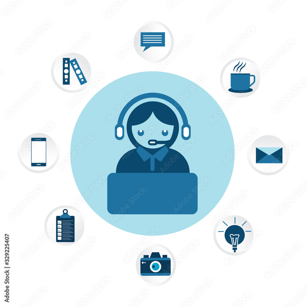 Poster support service concept. flat design illustration with icons. technical support assistant.