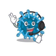 Charming microscopic corona virus cartoon character design wearing headphone