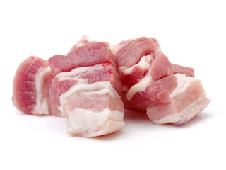  Raw pork belly pieces on a white background