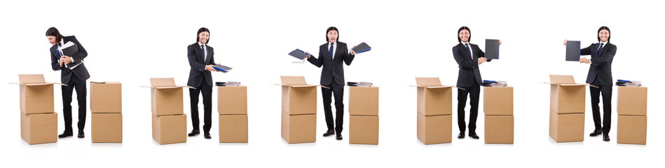 Funny man with boxes on white