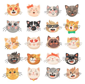 Cute cat faces, kitten or kitty animal emoticons