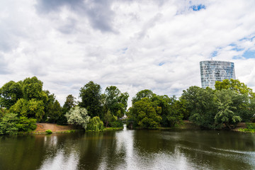 Fototapeta na wymiar View at Kaiserteich pond in Standehaus park in Dusseldorf, Germany