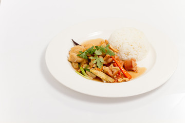 Thai food stir fried fish white dish isolated
