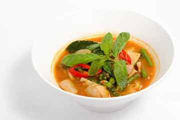 Thai food spicy chicken soup white dish isolated