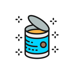 Opened can, food tins flat color line icon.