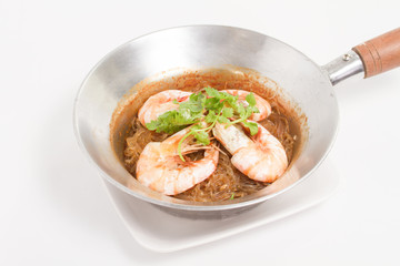 Thai food baked shrimp with glass noodles white dish isolated