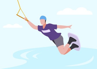 Cartoon Man Character in Protective Clothing Wakeboarding. Male Flyboardist Jumps Doing Trick. Popular Summer Beach and Water Activities. Flat Vector Extreme Wakesurfing Hobby Illustration