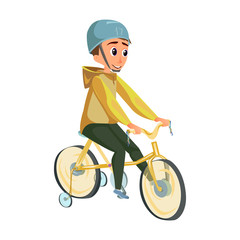 Naklejka premium Cartoon Boy in Helmet Ride Training Wheel Bicycle Vector Illustration. Child Bicyclist. Happy Kid Sitting on Bike. Cycling Safe Learning. Safety Head Protection. Healthy Transportation