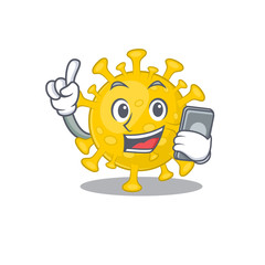 Mascot design of corona virus diagnosis speaking on phone