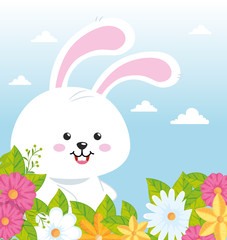 cute rabbit with cute flowers vector illustration design
