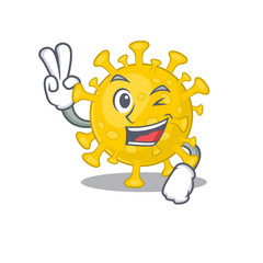 Cheerful corona virus diagnosis mascot design with two fingers