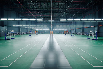 Empty gymnasium with courts for badminton and tennis competitions and training - obrazy, fototapety, plakaty