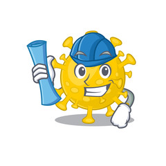 Smiling Architect of corona virus diagnosis having blue prints and blue helmet