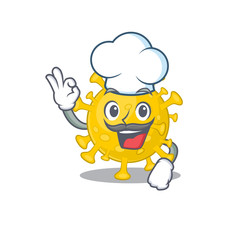 Cute corona virus diagnosis cartoon character wearing white chef hat