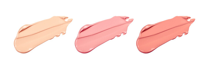 Delicate Light beige smears of tonal foundation on white background. Pink smudge of tone. Different pastel shades of BB cream isolated. Cosmetic products for makeup and skin care. Banner Cosmetology.