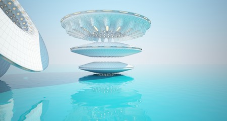 Abstract drawing architectural background. White interior with discs that hovered over the sea. Neon lighting. 3D illustration and rendering.