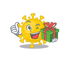 Smiley corona virus diagnosis cartoon character having a gift box