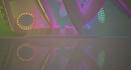 Abstract architectural background, white interior with discs. Colored neon gradient lighting. 3D illustration and rendering.