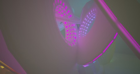 Abstract architectural background, white interior with discs. Colored neon gradient lighting. 3D illustration and rendering.