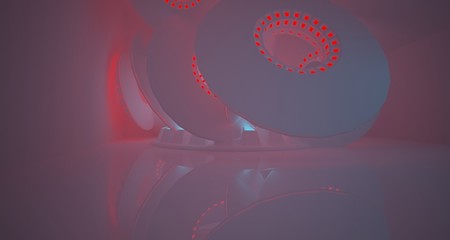 Abstract architectural background, white interior with discs. Colored neon lighting. 3D illustration and rendering.