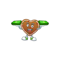 happy rich gingerbread love character with money on hands