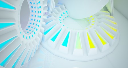 Abstract architectural background, white interior with discs. Colored gradient neon lighting. 3D illustration and rendering.
