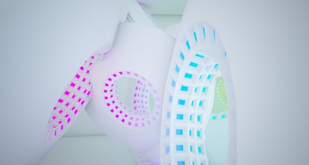 Abstract architectural background, white interior with discs. Colored gradient neon lighting. 3D illustration and rendering.