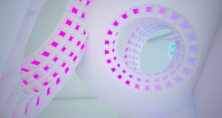 Abstract architectural background, white interior with discs. Colored gradient neon lighting. 3D illustration and rendering.