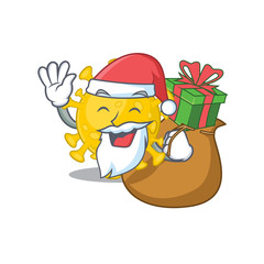 Santa corona virus diagnosis Cartoon character design with box of gift