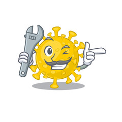 A picture of cool mechanic corona virus diagnosis cartoon character design