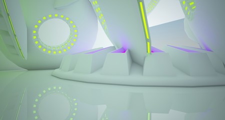 Abstract architectural background, white interior with discs. Colored neon lighting. 3D illustration and rendering.