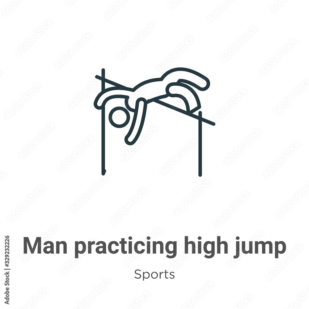 Poster man practicing high jump outline vector icon. thin line black man practicing high jump icon, flat ve
