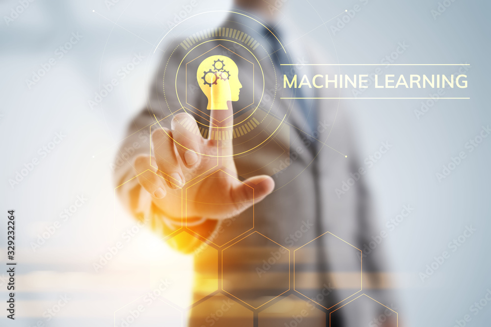 Poster machine learning artificial intelligence concept. businessman pressing virtual button.