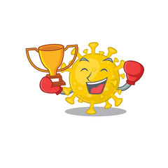 Happy face of boxing winner corona virus diagnosis in mascot design style