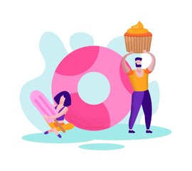 Sweets on White Background. Vector Illustration. Organic Food. Produced by Natural Products. People and Organic Production. Woman with Ice Cream and Man with Cupcake on Pink Donut Background.