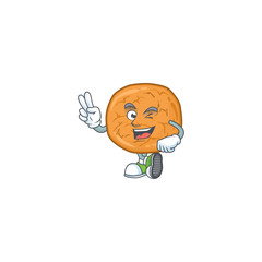 A joyful molasses cookiesmascot design showing his two fingers