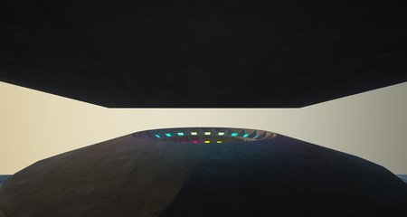 Architectural background. Abstract concrete interior with discs. Colored gradient neon lighting. 3D illustration and rendering.