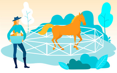Woman in Black Hat with Basket Fruit in Hands near Enclosure with Horse. Equestrian Sport. Man Caring for Horse. Vector Illustration. Natural Products. Farm Lifestyle. Animal in Aviary.