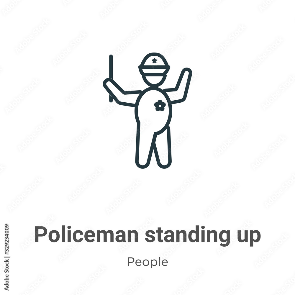 Poster policeman standing up outline vector icon. thin line black policeman standing up icon, flat vector s