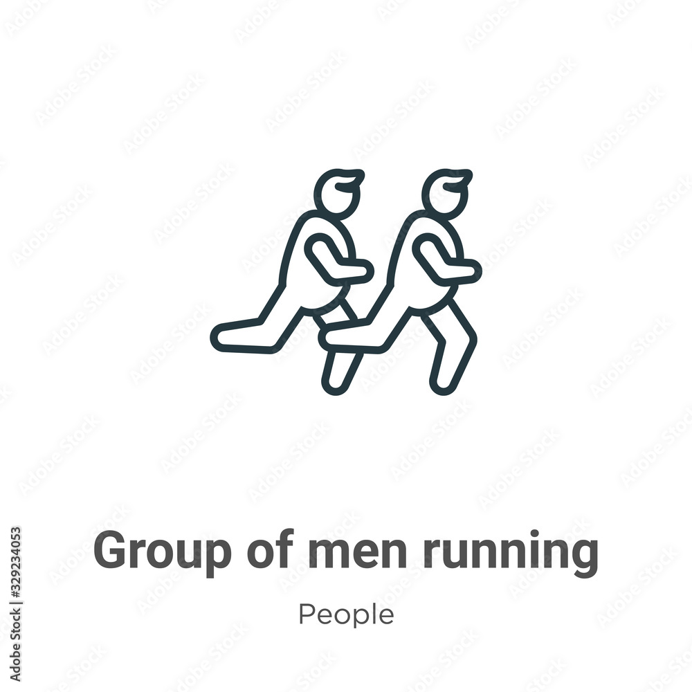 Poster group of men running outline vector icon. thin line black group of men running icon, flat vector sim