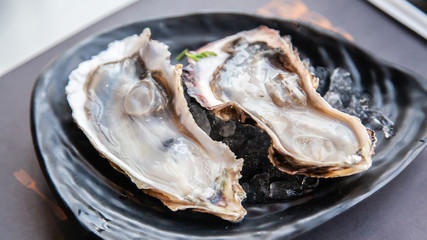 Fresh raw oyster shell on ice © kwanbenz
