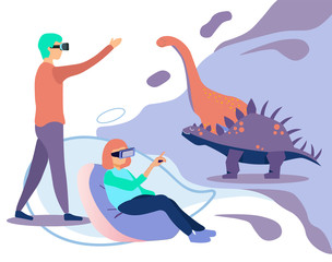 Fototapeta na wymiar Cartoon Man and Woman Characters Wearing Virtual Reality Headset Glasses Enjoy VR Paleontology Simulation with Dinosaurs Stegosaurus and Sauropods. Augmented Prehistoric Time. Vector Flat Illustration