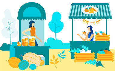 Women at Fair Sitting at Shelves. Sell Crops Farmers Market. Vector Illustration. Natural Products. Farm Vegetables and Fruits. Sell Products in Market. Products on Counter. Women Sellers Communicate.