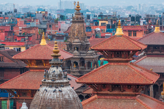 Aerial view of Pinnacle of ancient temples at Patan Durbar Square