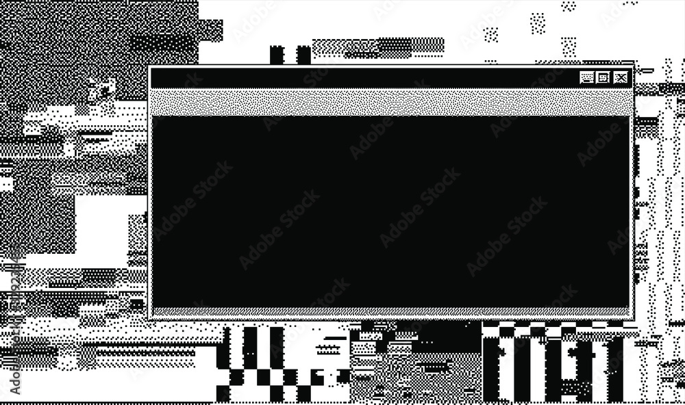 Poster Glitched screen with terminal console window. Pixel art 1-bit style.