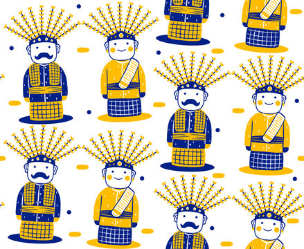 Illustration of Ondel-Ondel seamless pattern on white background. Bali icons and travels with flat design style.