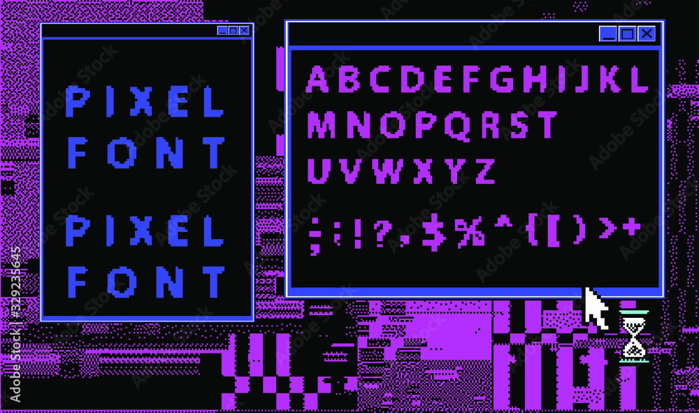 Poster Pixel alphabet letters and punctuation marks. Modern stylish font or typeface for headline in style of 80's retro video game, vintage computer typography.