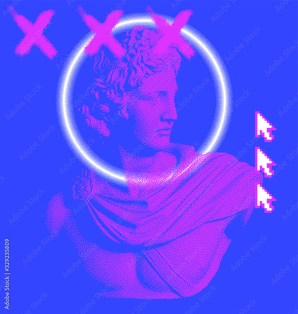 Aufkleber Pixel art ilustration with retro 80's UI elements and statue of Apollo Belvedere. Vaporwave and retrowave style collage.