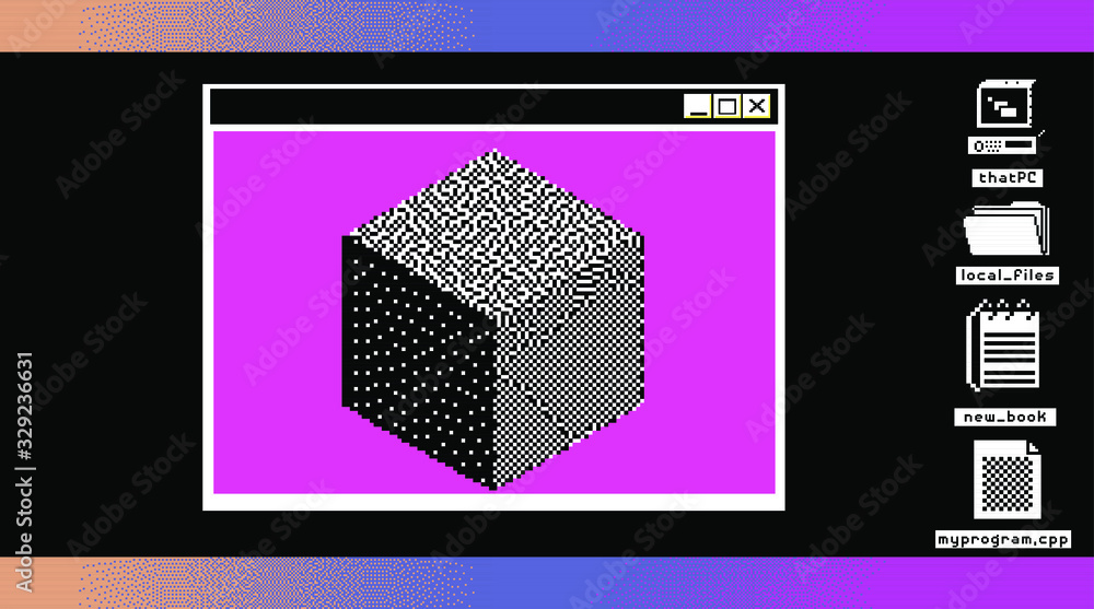 Poster Retro user interface desktop with Command-line terminal window. Surreal vaporwave style illustration.