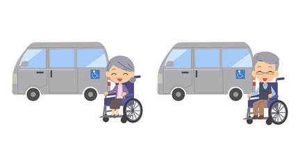 車椅子の高齢者と介護車